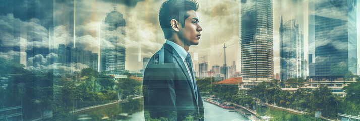 Double exposure photography of business man and the beautiful Bangkok city
