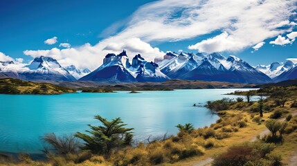 Naklejka na ściany i meble A breathtaking Patagonian landscape with majestic mountains mirrored in a serene lake captures nature's grandeur. Generative AI.