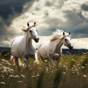 white horse grazing in a field under the blue sky painting style