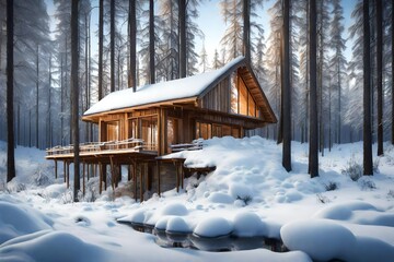 wooden house in winter forest