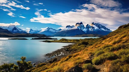 Naklejka na ściany i meble A breathtaking Patagonian landscape with majestic mountains mirrored in a serene lake captures nature's grandeur. Generative AI.
