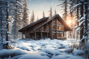 wooden house in winter forest
