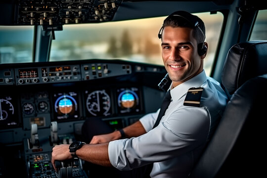 Portrait of a European pilot in an airplane in the cockpit. A pilot at his workplace. Bright image. 