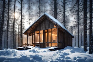 wooden house in winter forest