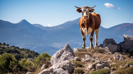 A cow standing on a rocky ridge along the GR20 hiking trail on the island of Corsica - obrazy, fototapety, plakaty