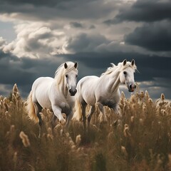 white horse on meadow in oil painting and acrylic painting style