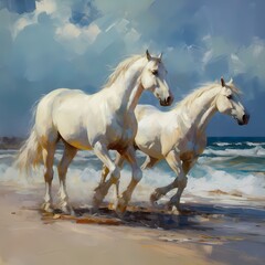 Obraz na płótnie Canvas white horse on the beach in oil painting and acrylic painting style