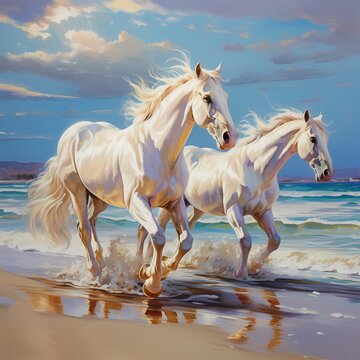 white horse on the beach in oil painting and acrylic painting style