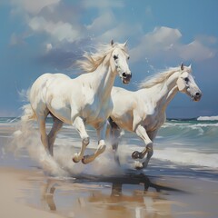 Obraz na płótnie Canvas white horse on the beach in oil painting and acrylic painting style
