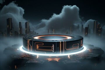 Futuristic sci-fi circle pedestal with glowing LED rings surrounded by grungy black clouds, fog, big data, computer hardware, and cryptocurrency. Generative AI