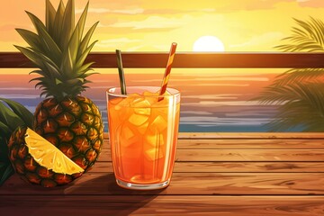 Fruity drink with mango, ginger, and pineapple on wooden background during sunset. Vertical illustration. Generative AI