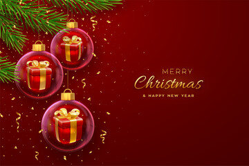 Merry christmas greeting card or banner. Hanging transparent glass balls baubles with gift boxes inside, pine branches on red background, golden confetti. New Year Xmas design. Vector illustration.