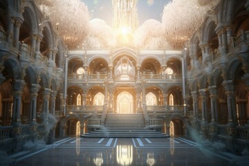 A radiant Narnia light shining on a majestic palace. Generative AI