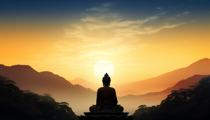 silhouette of Budda statue on mountain - obrazy, fototapety, plakaty