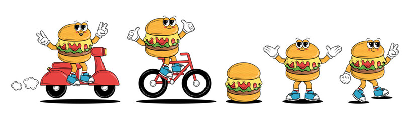 Set of funky cartoon Characters Burgers in groovy style. Retro delivery stickers with happy face. Vintage hippie elements for burger bar, service, restaurant, cafe. Vector art