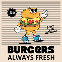 Poster with funky cartoon Characters Burgers in groovy style. Retro card for delivery service. Vintage hippie design and slogan for burger bar, restaurant, social media, posts. Vector art