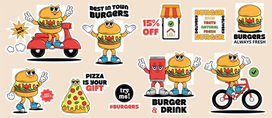 Set of funky cartoon Characters Burgers, Pizza, Drink in groovy style. Retro delivery stickers. Vintage hippie elements and slogan quote for burger bar, service, restaurant, cafe. Vector art