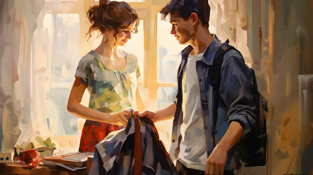 girl choosing clothes for her boyfriend, digital painting
