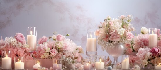 Obraz na płótnie Canvas Elegant wedding decoration with floral design luxurious glass and candles