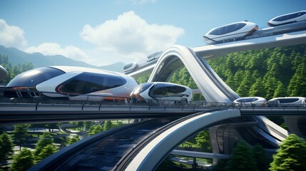A futuristic monorail station with elevated platforms and sleek, aerodynamic design