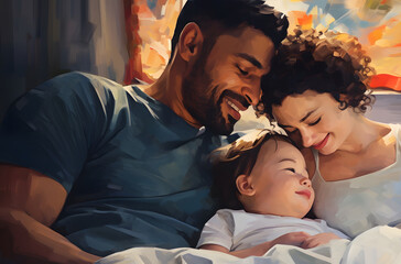 happy father and mother in bed with their baby son, digital painting