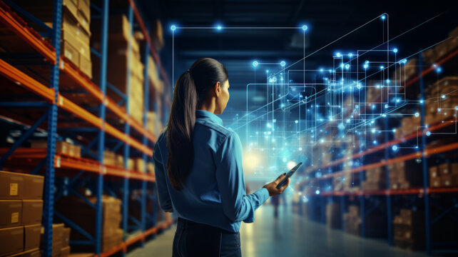 Female worker checks inventory with tablet in smart factory.