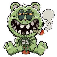 Naklejka premium Vector illustration of Cartoon Teddy bear smokes a cigarette with marijuana, Cannabis leaves, print for t-shirts 