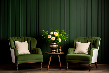 The living room features a farmhouse-style interior design with white armchairs against a dark green plank paneling wall.
