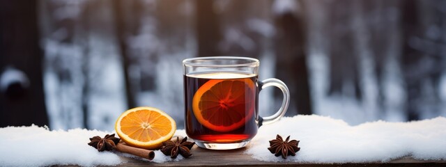 A cup of hot warming tea in winter weather overlooking the snowy forest. hot winter medicinal drink. Black tea.