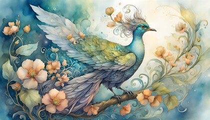 Fototapeta na wymiar Digital watercolor illustration of a beautiful magical fantasy bird with bright wings and a wavy tail with flowers in the branches