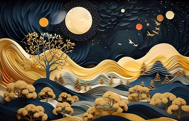 Draagtas 3d modern art mural wallpaper with dark blue background. golden tree and mountains, golden moon. dark landscape background and clouds and colorful mountains. for home wall decoration © Planetz