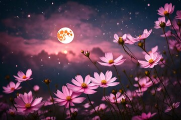 beautiful pink flower blossom in garden with night skies and full moon .