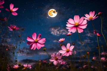 Fototapeta na wymiar beautiful pink flower blossom in garden with night skies and full moon .
