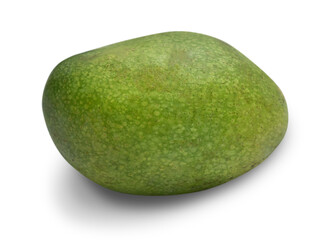 Green ripe spotted mango cut out on white, exotic tropical fruit
