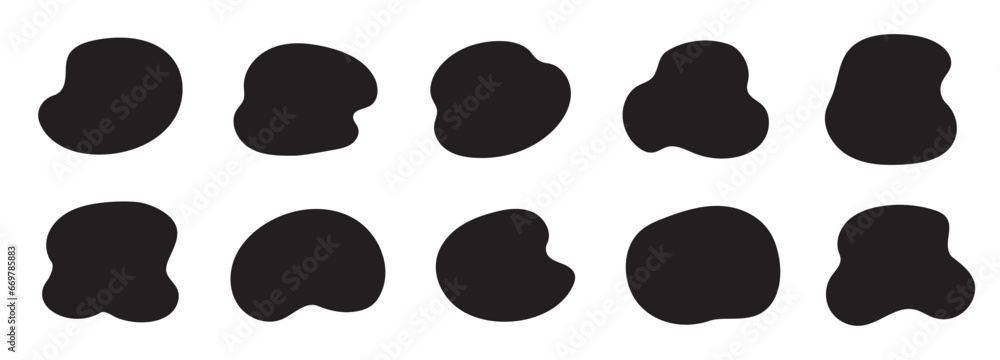 Poster Organic blob shape, abstract amoeba, irregular fluid element set. Simple flat abstract splodge, amoeba blob, liquid shape graphic design element. Vector illustration