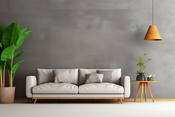 The beautiful living room interior features a retro style, with a grey empty wall.
