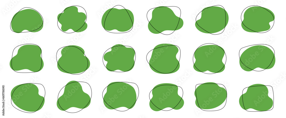 Poster Organic blob shape, abstract green color amoeba, irregular fluid element set. Simple flat abstract splodge, amoeba blob figure, liquid shape graphic design element. Vector illustration.