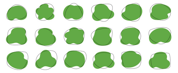 Organic blob shape, abstract green color amoeba, irregular fluid element set. Simple flat abstract splodge, amoeba blob figure, liquid shape graphic design element. Vector illustration.