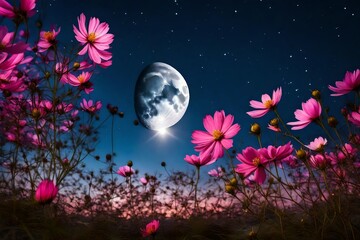 Obraz na płótnie Canvas beautiful pink flower blossom in garden with night skies and full moon .