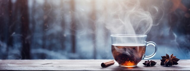 A cup of hot warming tea in winter weather overlooking the snowy forest. hot winter medicinal drink. Black tea. - obrazy, fototapety, plakaty