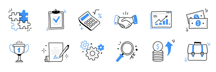 Hand drawn business, money icon set. Finance, money, investment sketch drawn cute trendy doodle icon. Business money, finance calculator, economic briefcase elements. Vector illustration - obrazy, fototapety, plakaty