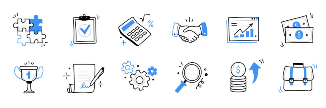 Hand drawn business, money icon set. Finance, money, investment sketch drawn cute trendy doodle icon. Business money, finance calculator, economic briefcase elements. Vector illustration