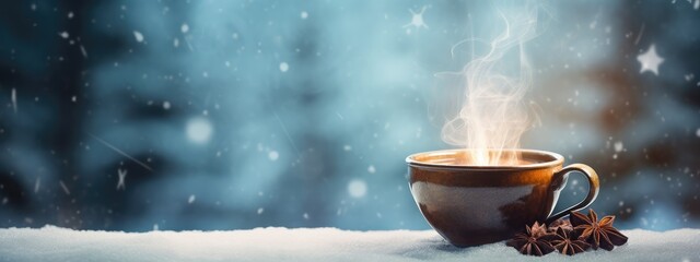 A cup of hot warming tea in winter weather overlooking the snowy forest. hot winter medicinal...