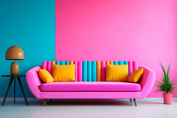 A colorful stripes panel on the stucco wall alongside a pink sofa defines the Memphis postmodern style in the modern living room's interior design. 
 - obrazy, fototapety, plakaty