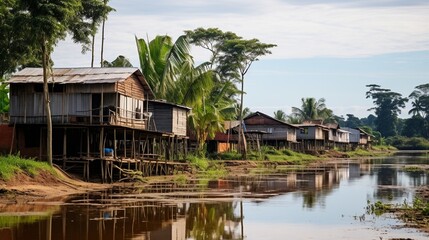 Obraz premium Peruvian Amazon River View of a street with wooden buildings in a small community on the Amazon River's bank. 