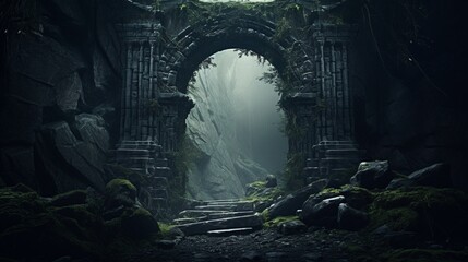 Background image of an archway in an enchanted fairy forest environment with a misty dark vibe. - Powered by Adobe