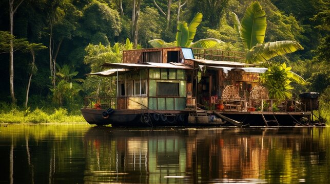 On a sunny day in the Amazon rainforest, an antique houseboat built of wood and aluminum tiles sits on the banks of a river, with trees in the backdrop.