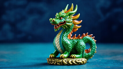 Fototapeta premium かわいい龍のオブジェ、辰年、干支、青色背景｜A cute dragon object. Year of the dragon. zodiac. blue background. Generative AI