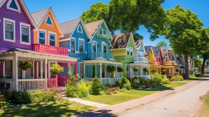 On a lovely summer day, beautiful colorful gingerbread houses and cottages in Oak Bluffs town. - obrazy, fototapety, plakaty