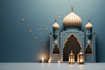 Islamic decor with mosque, lantern, crescent, gift box. Beautiful Muslim invitation for Ramadan and Eid Mubarak festivities. Generative AI